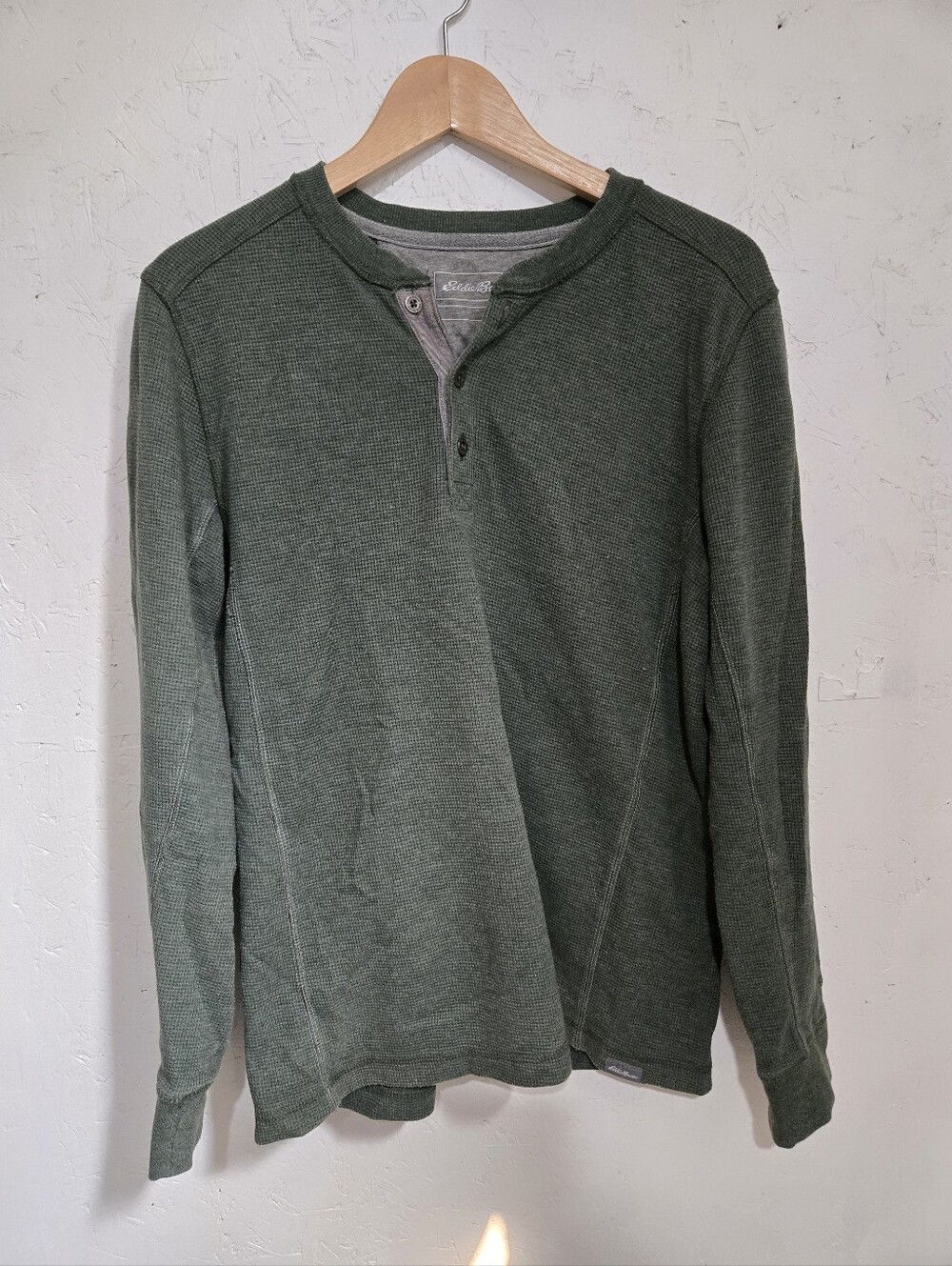 Eddie Bauer Olive Green Waffle-Knit Henley Long Sleeve